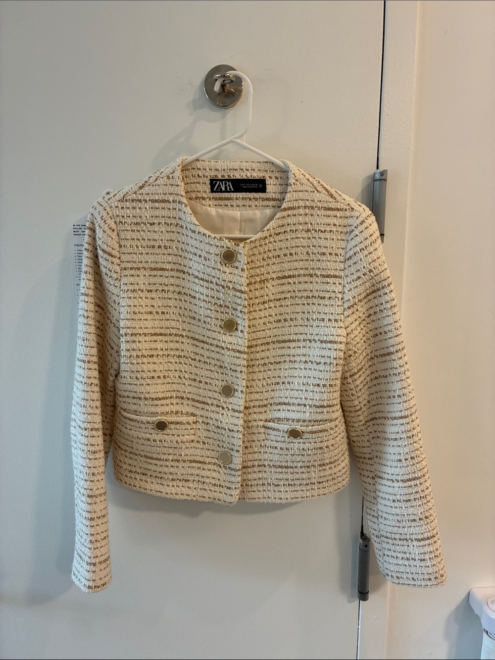 ZARA Cream Tweed Cropped Blazer with Gold Buttons